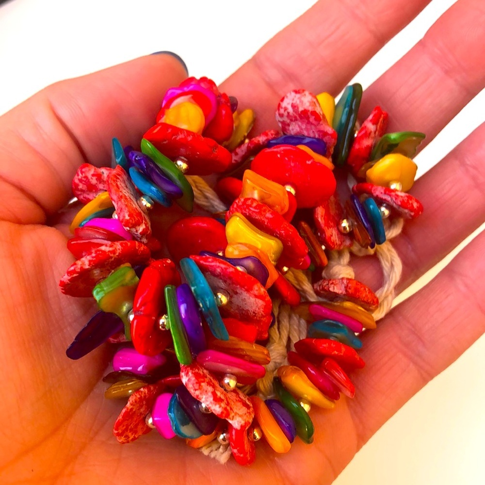 Southwestern Silver Coral And Shell Bead Twine Necklace